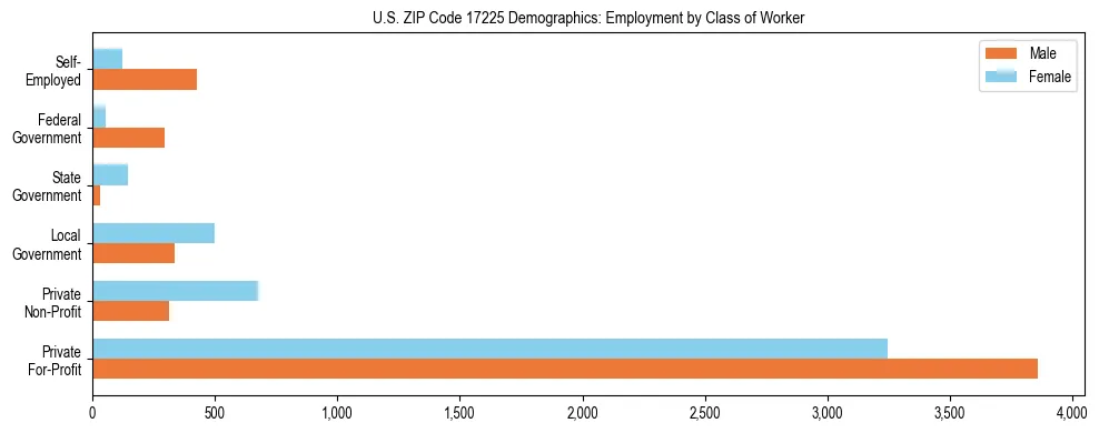 Horizontal bar chart showing employment distribution by class of worker and gender in US ZIP Code 17225, based on 2023 ACS data.