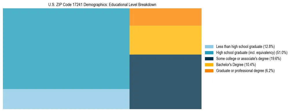 Treemap chart illustrating the educational attainment breakdown for population 25 years and over in US ZIP Code 17241.