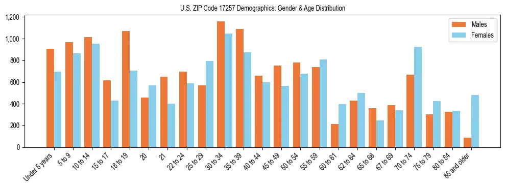 Bar chart showing the population distribution of US ZIP Code 17257 by age group and gender, based on 2023 ACS data.