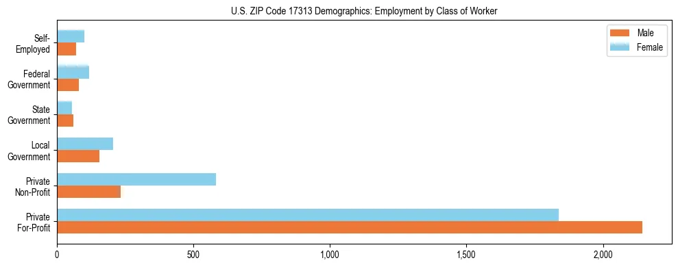 Horizontal bar chart showing employment distribution by class of worker and gender in US ZIP Code 17313, based on 2023 ACS data.