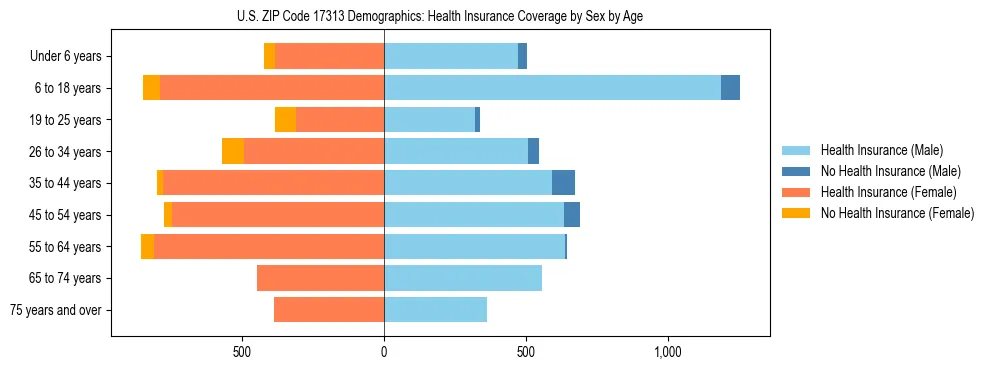 Pyramid chart showing health insurance coverage by age and sex in US ZIP Code 17313.