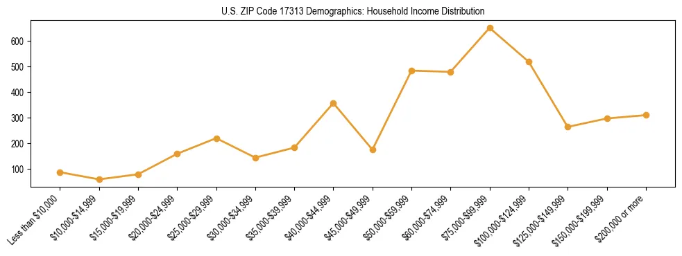 Horizontal bar chart showing household income distribution in US ZIP Code 17313.