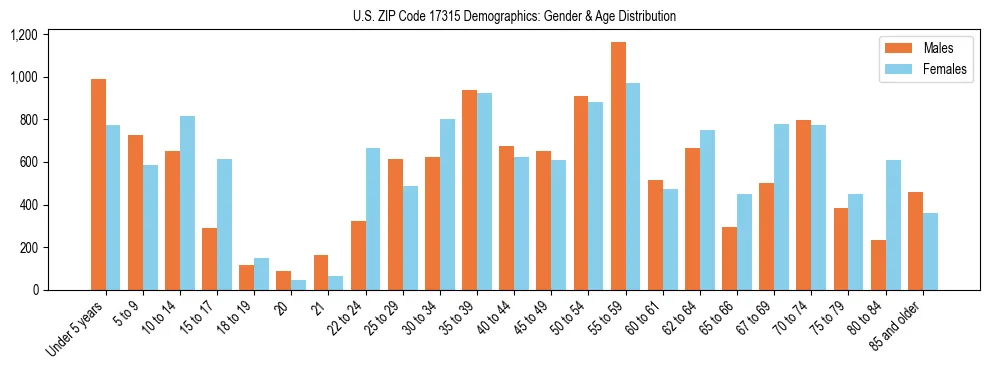Bar chart showing the population distribution of US ZIP Code 17315 by age group and gender, based on 2023 ACS data.