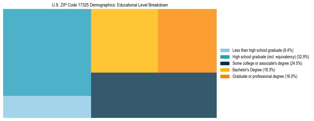 Treemap chart illustrating the educational attainment breakdown for population 25 years and over in US ZIP Code 17325.