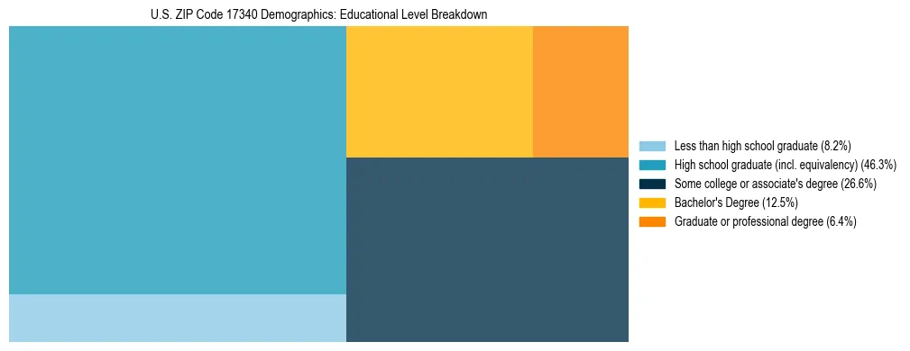 Treemap chart illustrating the educational attainment breakdown for population 25 years and over in US ZIP Code 17340.