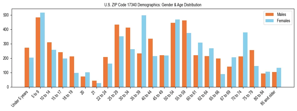 Bar chart showing the population distribution of US ZIP Code 17340 by age group and gender, based on 2023 ACS data.