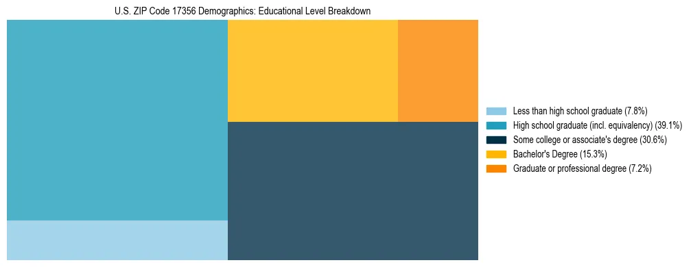 Treemap chart illustrating the educational attainment breakdown for population 25 years and over in US ZIP Code 17356.