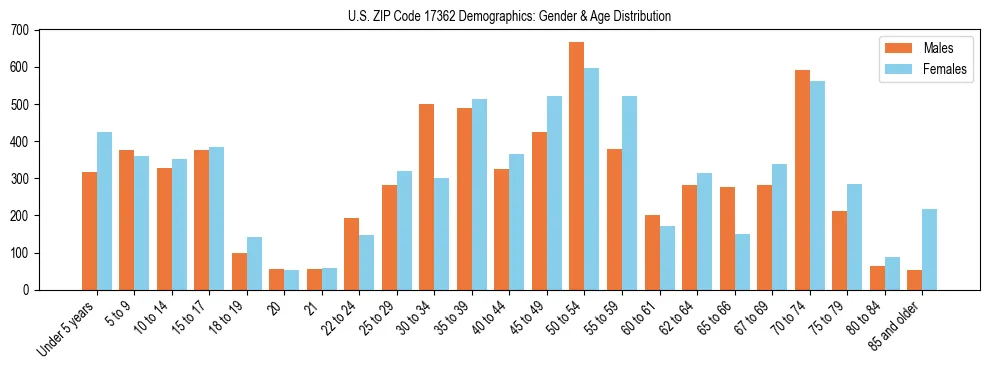 Bar chart showing the population distribution of US ZIP Code 17362 by age group and gender, based on 2023 ACS data.