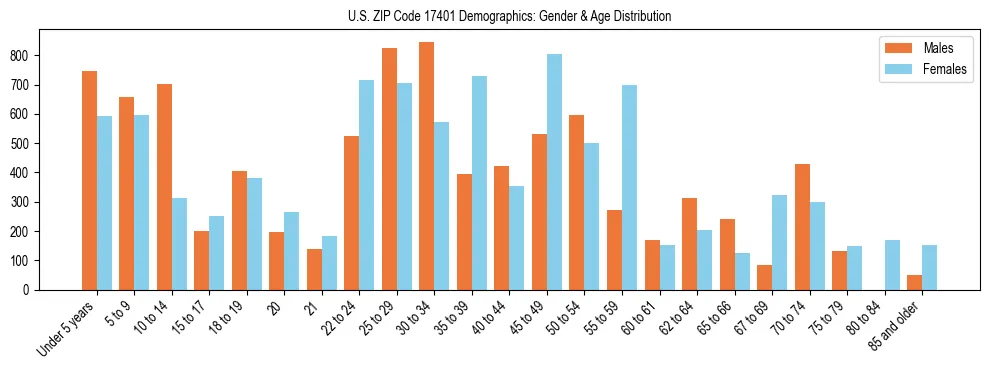 Bar chart showing the population distribution of US ZIP Code 17401 by age group and gender, based on 2023 ACS data.