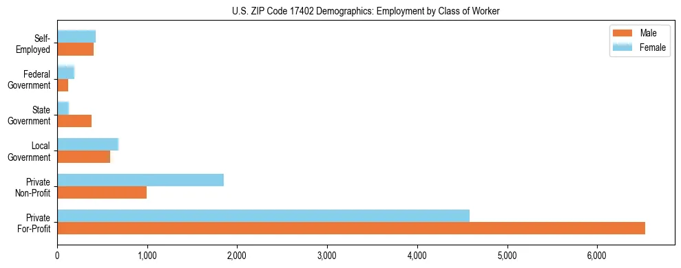 Horizontal bar chart showing employment distribution by class of worker and gender in US ZIP Code 17402, based on 2023 ACS data.