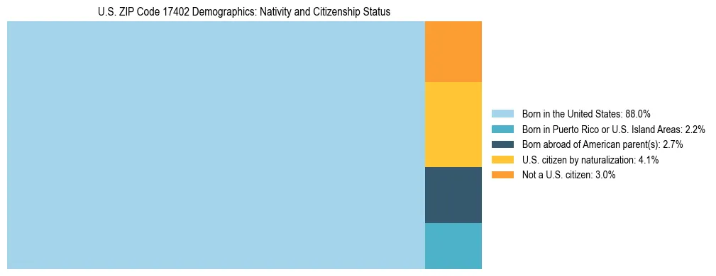 Treemap showing the population distribution by nativity and citizenship status in US ZIP Code 17402 based on U.S. Census data.