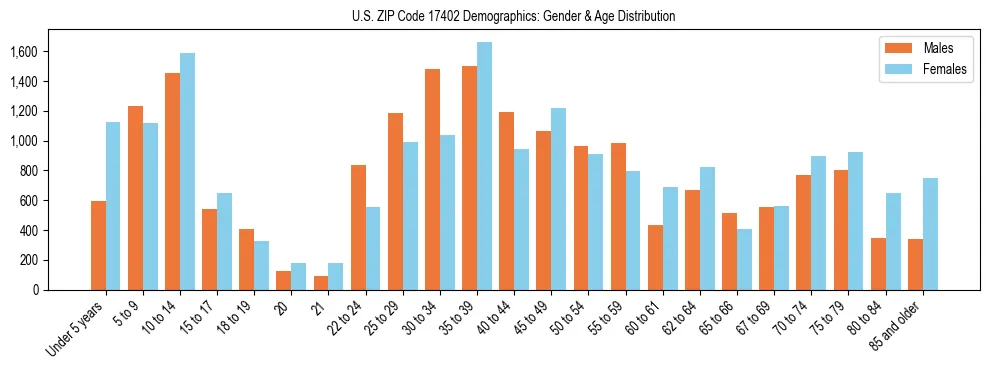 Bar chart showing the population distribution of US ZIP Code 17402 by age group and gender, based on 2023 ACS data.
