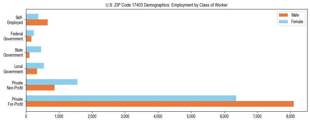 Horizontal bar chart showing employment distribution by class of worker and gender in US ZIP Code 17403, based on 2023 ACS data.