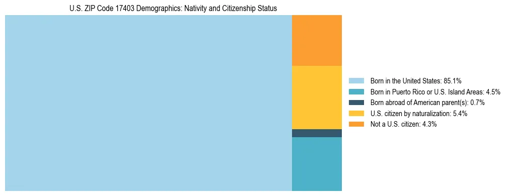 Treemap showing the population distribution by nativity and citizenship status in US ZIP Code 17403 based on U.S. Census data.