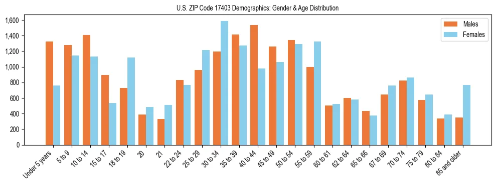 Bar chart showing the population distribution of US ZIP Code 17403 by age group and gender, based on 2023 ACS data.
