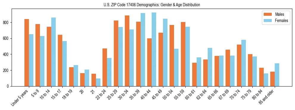Bar chart showing the population distribution of US ZIP Code 17406 by age group and gender, based on 2023 ACS data.