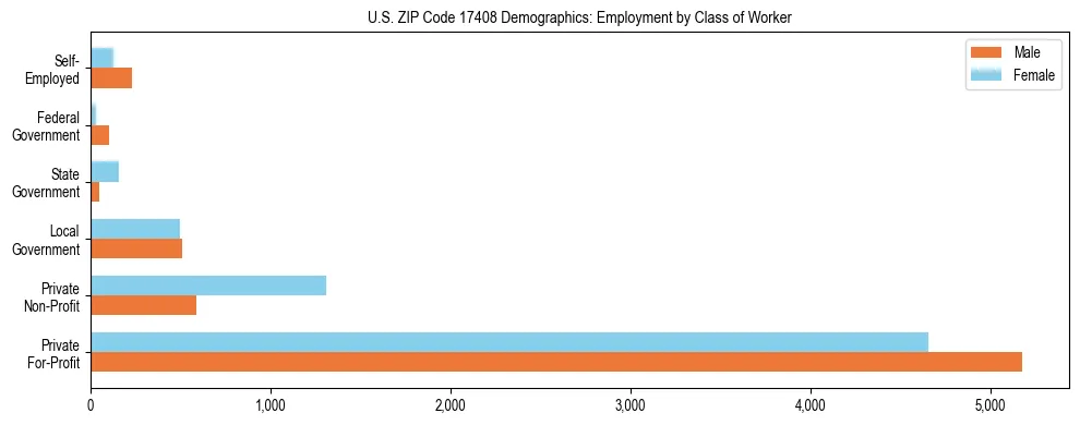 Horizontal bar chart showing employment distribution by class of worker and gender in US ZIP Code 17408, based on 2023 ACS data.