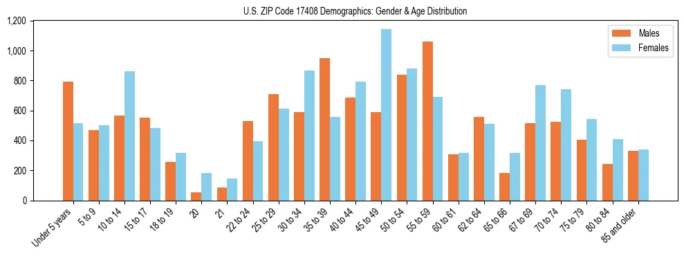 Bar chart showing the population distribution of US ZIP Code 17408 by age group and gender, based on 2023 ACS data.