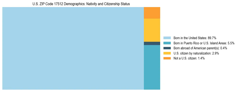 Treemap showing the population distribution by nativity and citizenship status in US ZIP Code 17512 based on U.S. Census data.