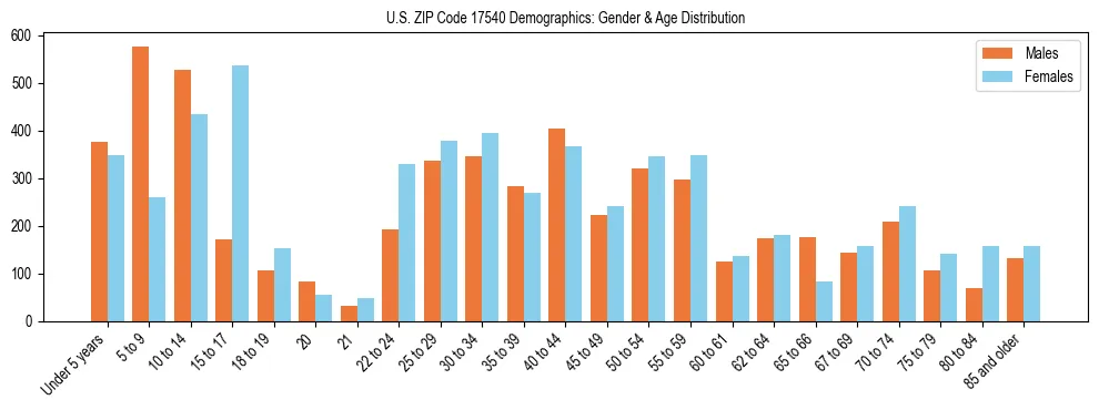 Bar chart showing the population distribution of US ZIP Code 17540 by age group and gender, based on 2023 ACS data.