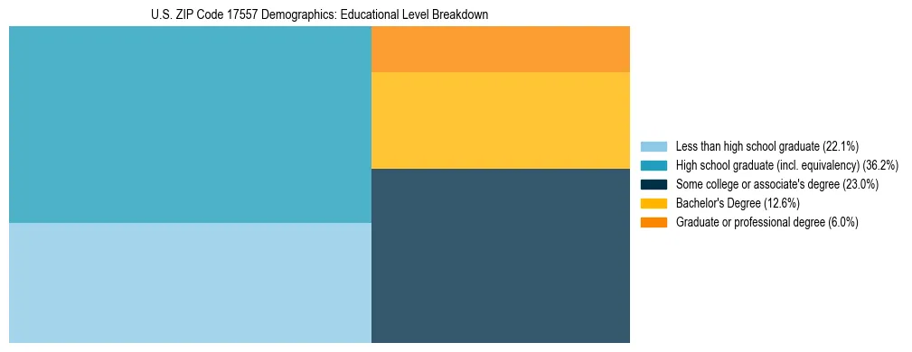 Treemap chart illustrating the educational attainment breakdown for population 25 years and over in US ZIP Code 17557.