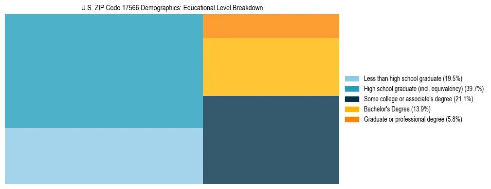 Treemap chart illustrating the educational attainment breakdown for population 25 years and over in US ZIP Code 17566.