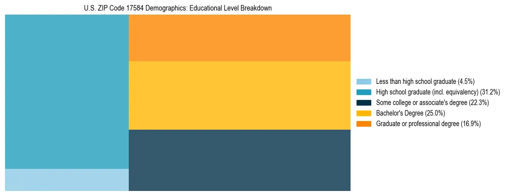 Treemap chart illustrating the educational attainment breakdown for population 25 years and over in US ZIP Code 17584.