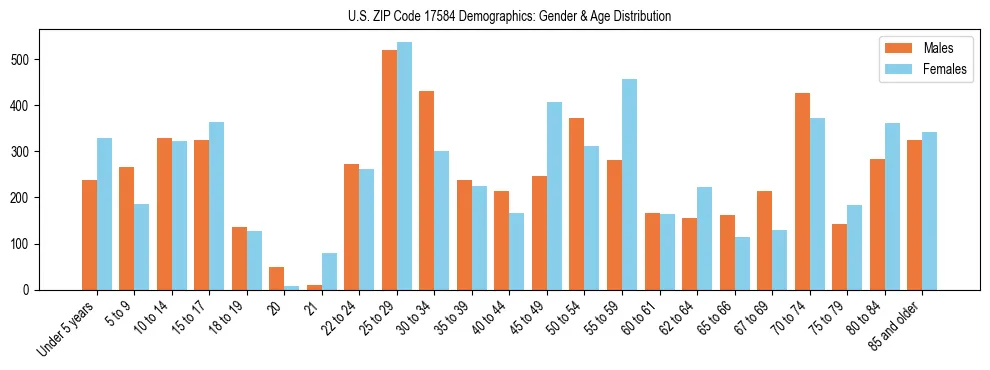 Bar chart showing the population distribution of US ZIP Code 17584 by age group and gender, based on 2023 ACS data.