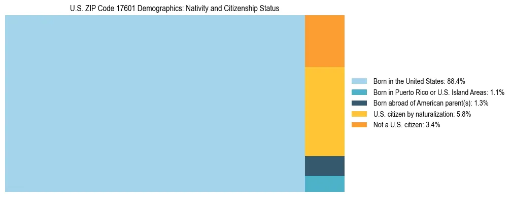 Treemap showing the population distribution by nativity and citizenship status in US ZIP Code 17601 based on U.S. Census data.
