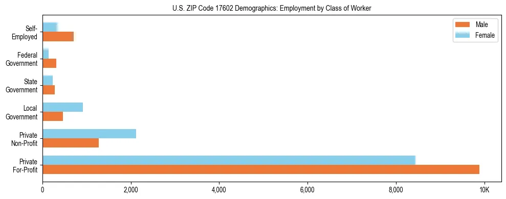 Horizontal bar chart showing employment distribution by class of worker and gender in US ZIP Code 17602, based on 2023 ACS data.