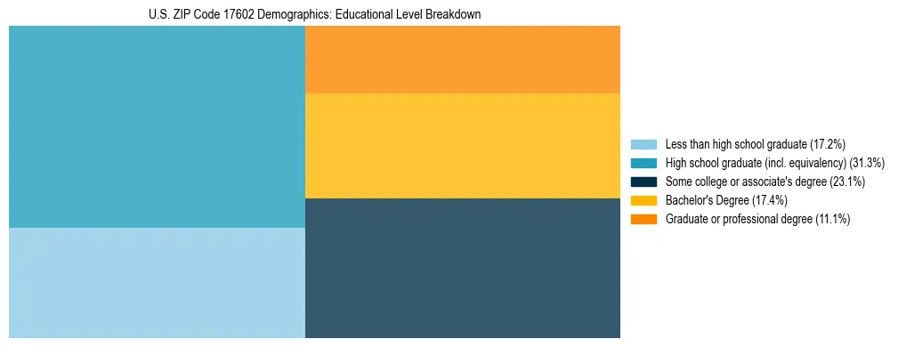 Treemap chart illustrating the educational attainment breakdown for population 25 years and over in US ZIP Code 17602.