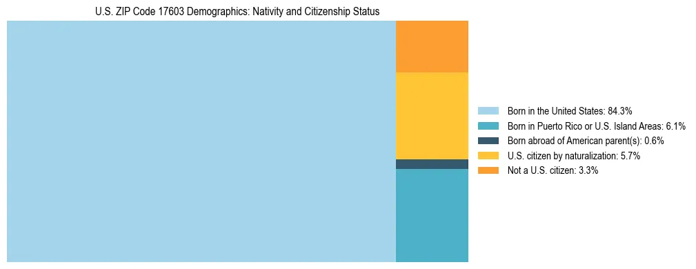 Treemap showing the population distribution by nativity and citizenship status in US ZIP Code 17603 based on U.S. Census data.
