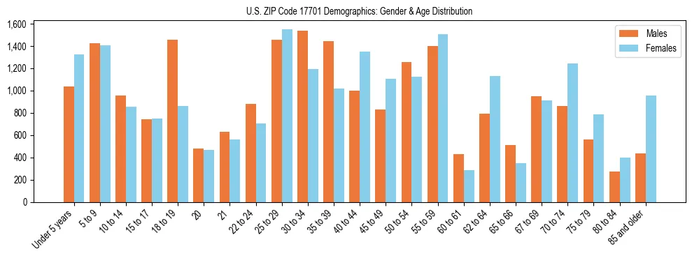 Bar chart showing the population distribution of US ZIP Code 17701 by age group and gender, based on 2023 ACS data.