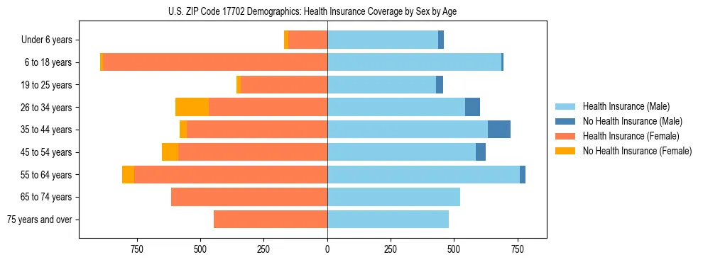 Pyramid chart showing health insurance coverage by age and sex in US ZIP Code 17702.