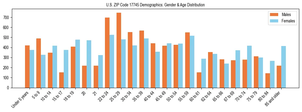 Bar chart showing the population distribution of US ZIP Code 17745 by age group and gender, based on 2023 ACS data.