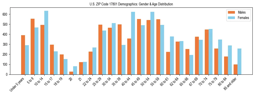 Bar chart showing the population distribution of US ZIP Code 17801 by age group and gender, based on 2023 ACS data.