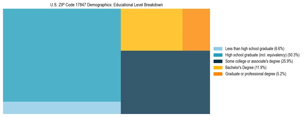 Treemap chart illustrating the educational attainment breakdown for population 25 years and over in US ZIP Code 17847.