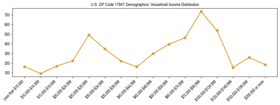 Horizontal bar chart showing household income distribution in US ZIP Code 17847.