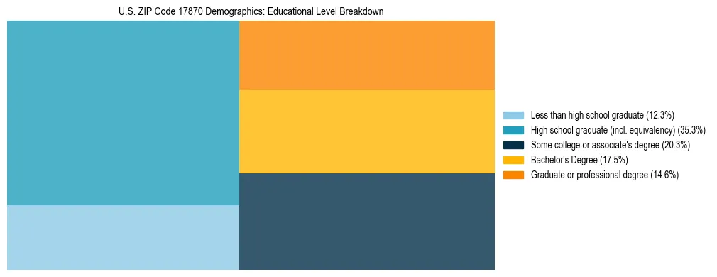 Treemap chart illustrating the educational attainment breakdown for population 25 years and over in US ZIP Code 17870.