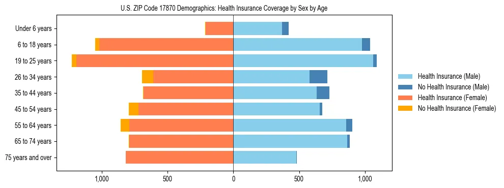 Pyramid chart showing health insurance coverage by age and sex in US ZIP Code 17870.