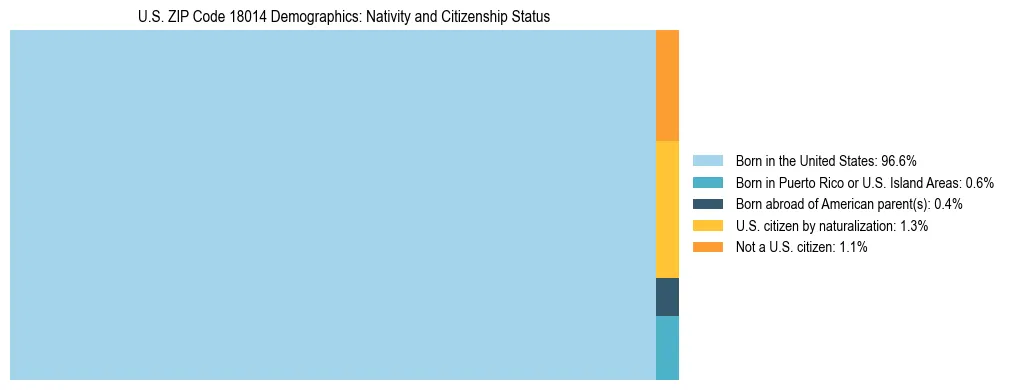 Treemap showing the population distribution by nativity and citizenship status in US ZIP Code 18014 based on U.S. Census data.