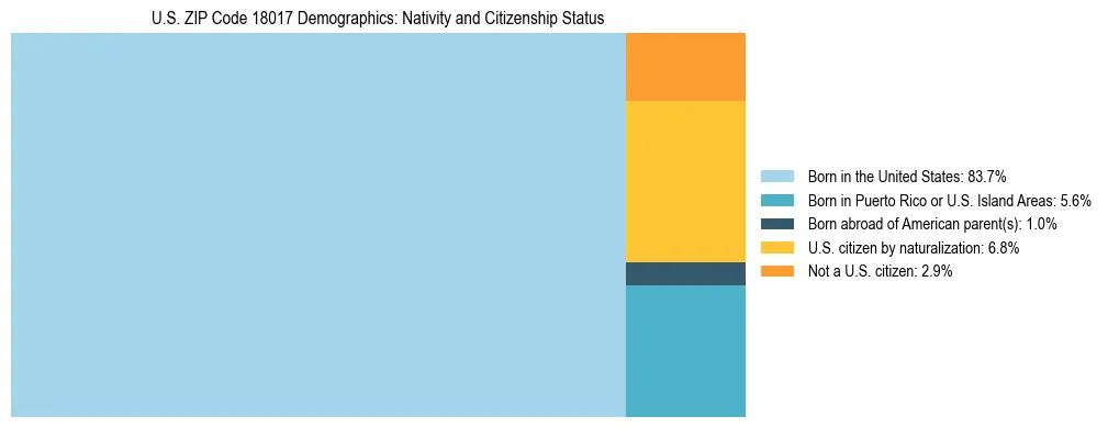 Treemap showing the population distribution by nativity and citizenship status in US ZIP Code 18017 based on U.S. Census data.