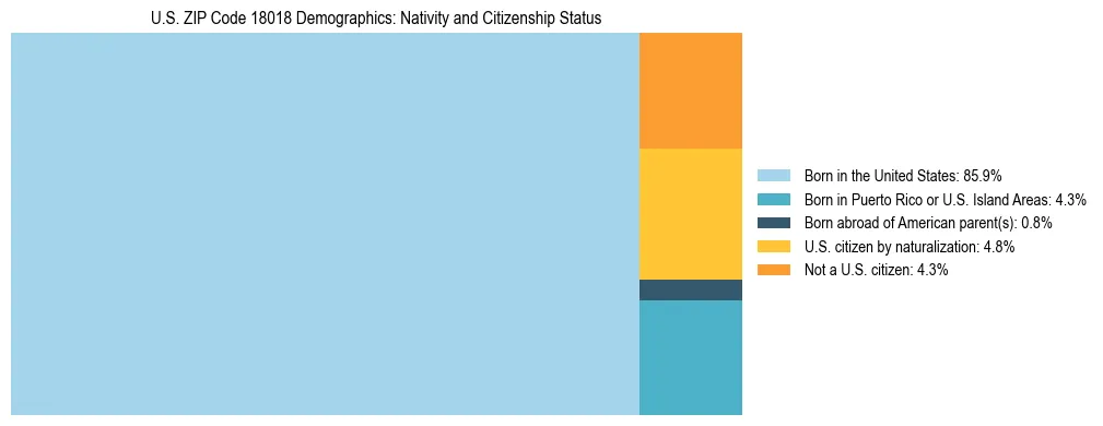 Treemap showing the population distribution by nativity and citizenship status in US ZIP Code 18018 based on U.S. Census data.