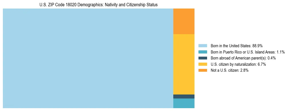 Treemap showing the population distribution by nativity and citizenship status in US ZIP Code 18020 based on U.S. Census data.