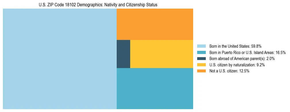 Treemap showing the population distribution by nativity and citizenship status in US ZIP Code 18102 based on U.S. Census data.