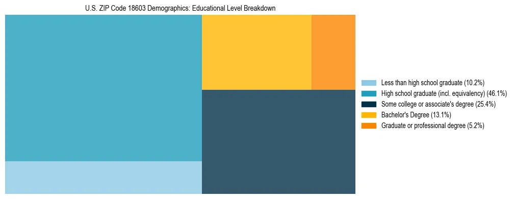 Treemap chart illustrating the educational attainment breakdown for population 25 years and over in US ZIP Code 18603.