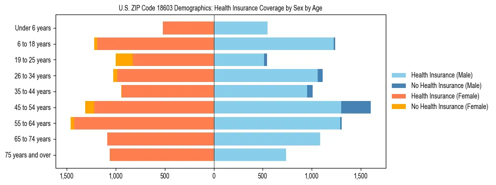Pyramid chart showing health insurance coverage by age and sex in US ZIP Code 18603.