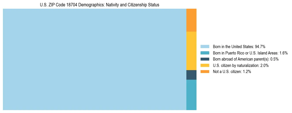 Treemap showing the population distribution by nativity and citizenship status in US ZIP Code 18704 based on U.S. Census data.