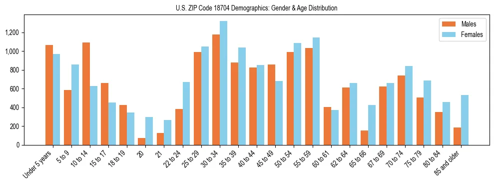 Bar chart showing the population distribution of US ZIP Code 18704 by age group and gender, based on 2023 ACS data.