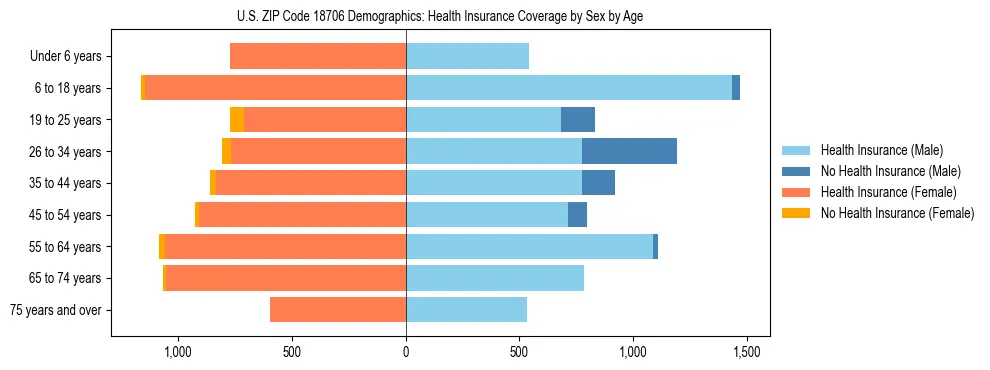 Pyramid chart showing health insurance coverage by age and sex in US ZIP Code 18706.